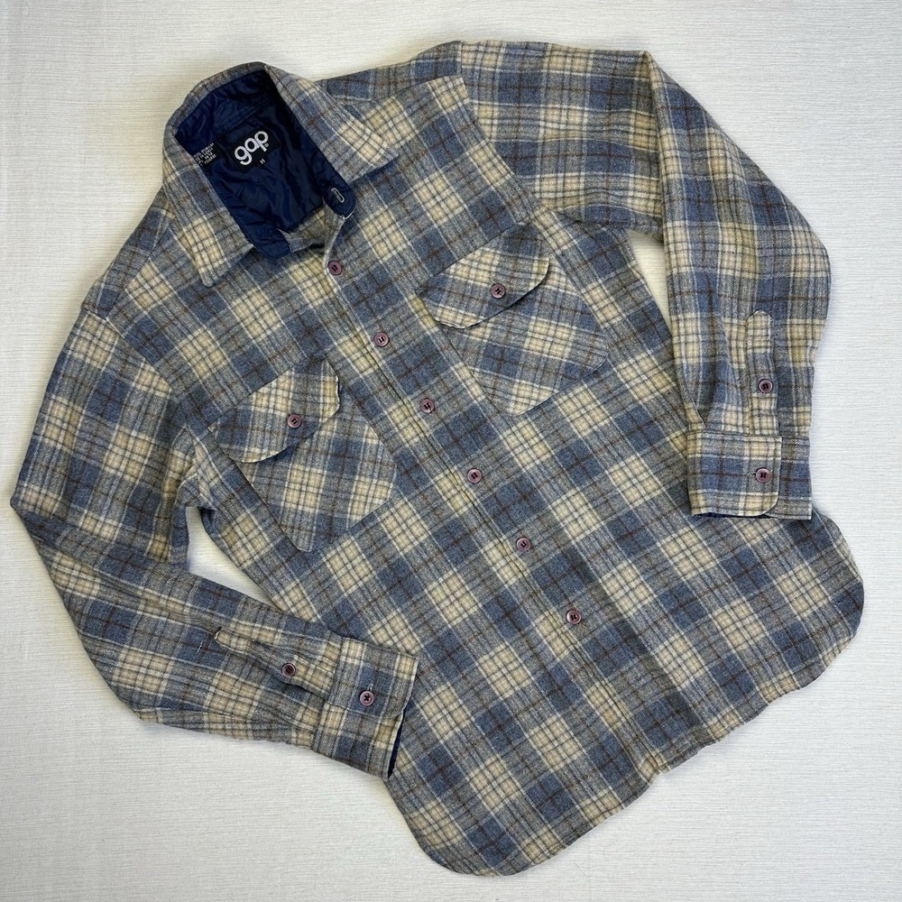 Vtg 70s Gap Flannel Button Down Shirt Wool Light Plaid USA Mens M Blue Beige